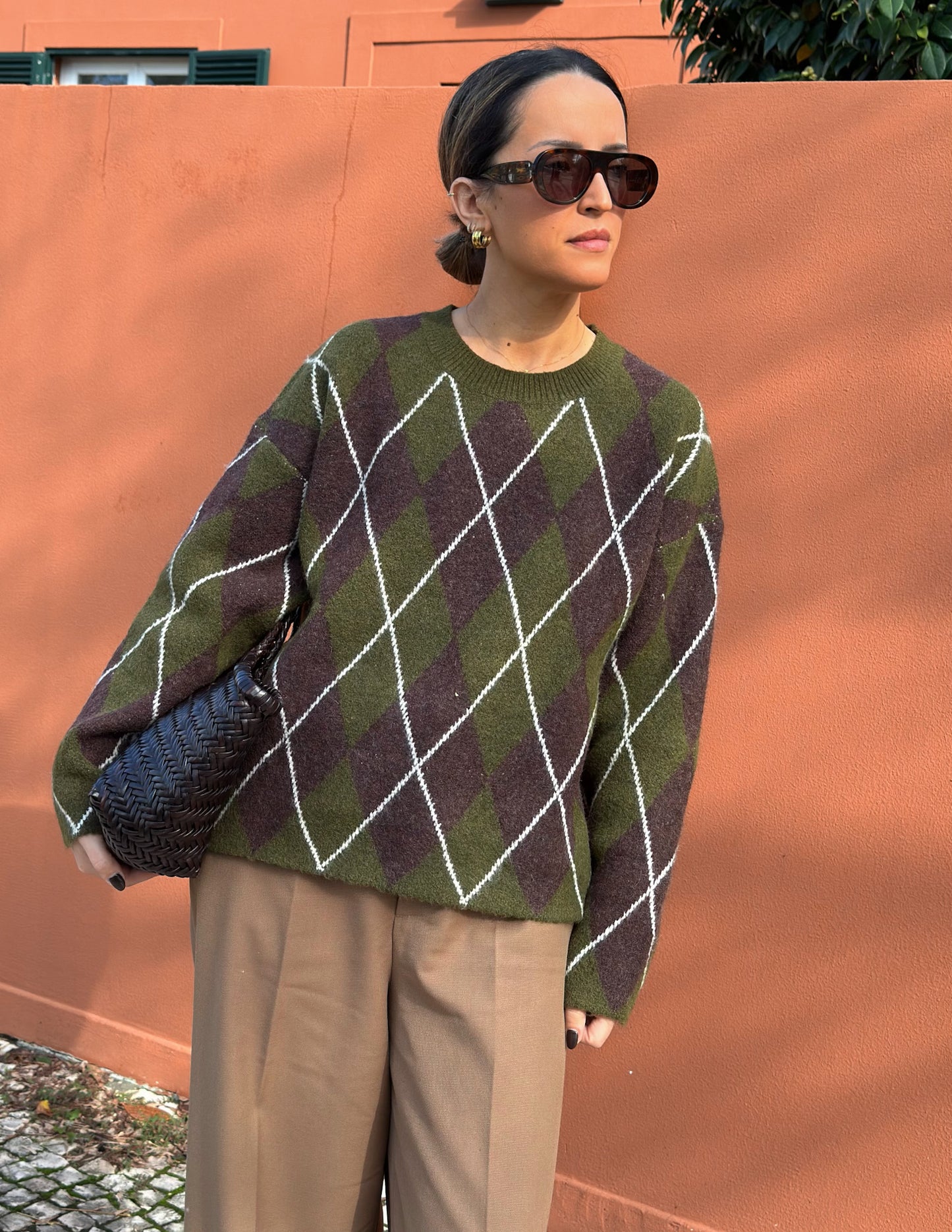 Green and brown diamond pattern sweater