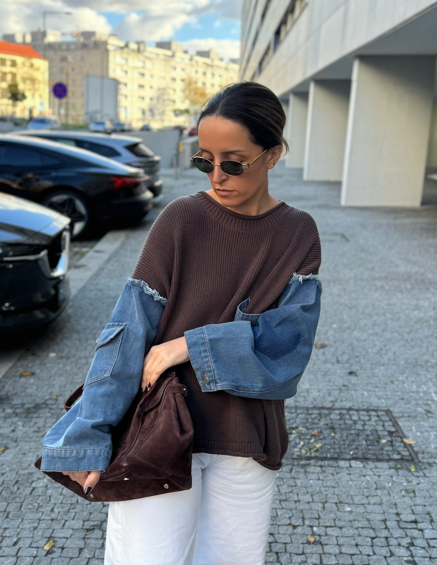 Denim and knit sweater in brown