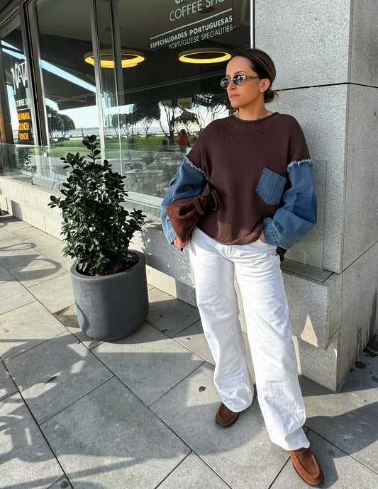 Denim and knit sweater in brown