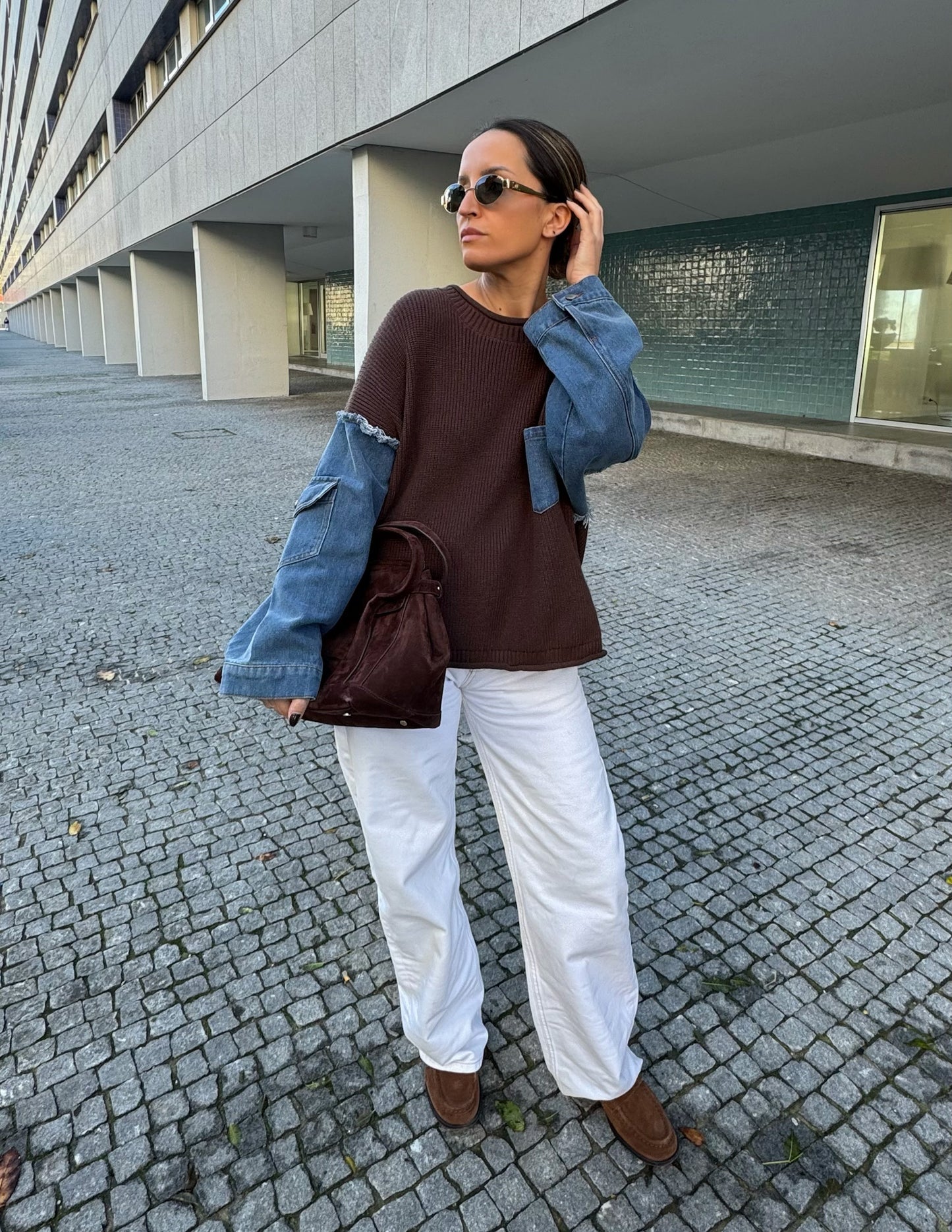 Denim and knit sweater in brown