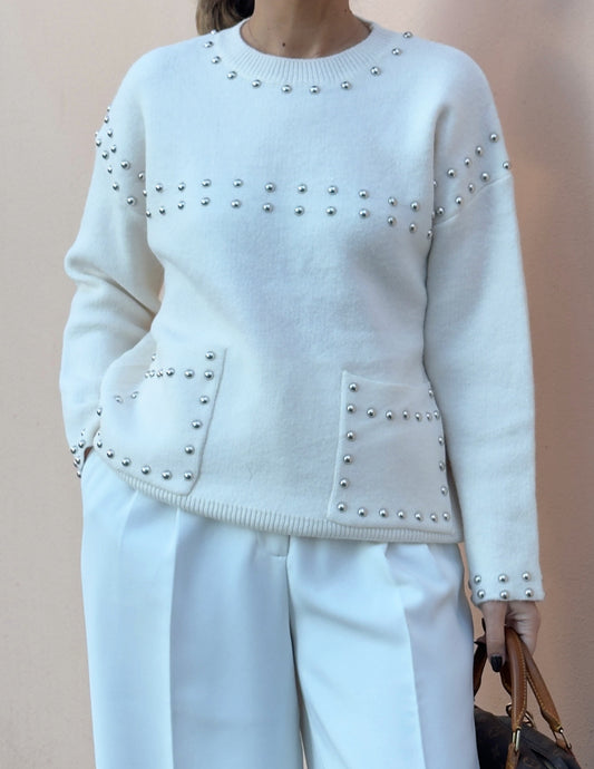 Studded knitted sweater in white