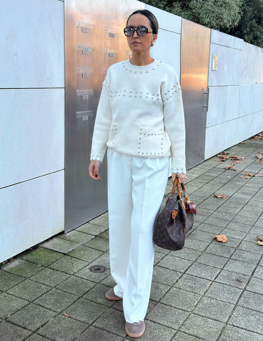Studded knitted sweater in white
