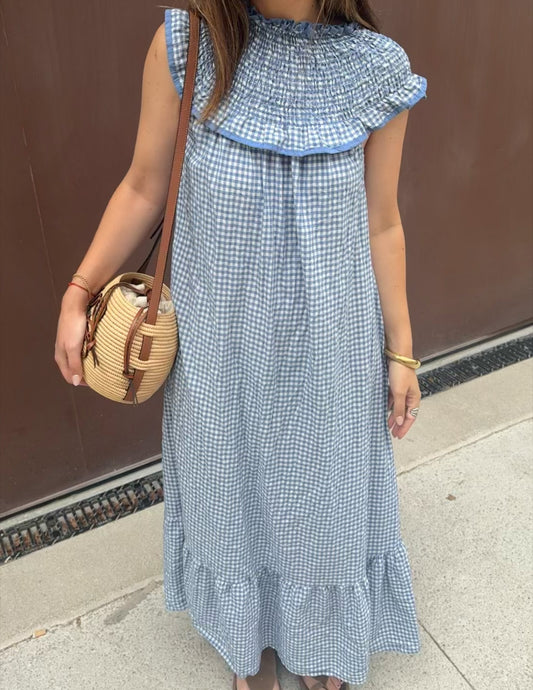 Vestido vichy com gola favos