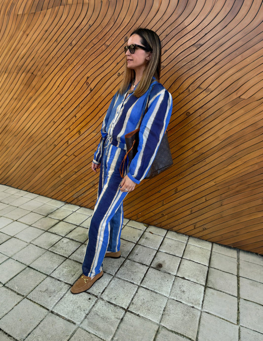 Conjunto padrão listado azul