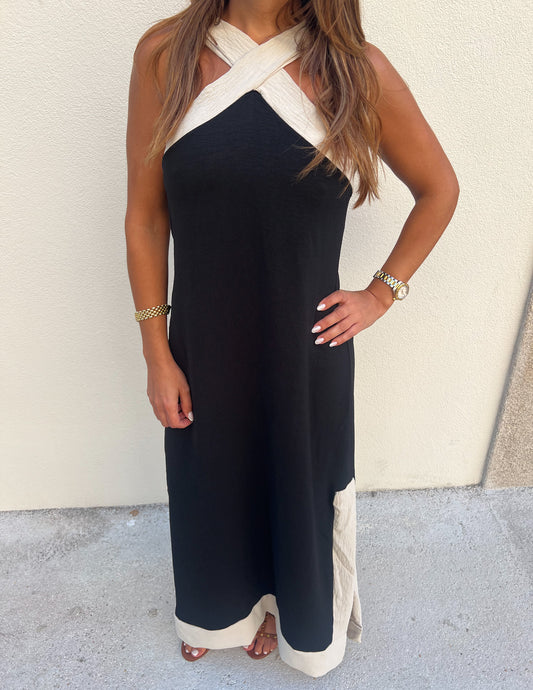 Vestido preto e bege