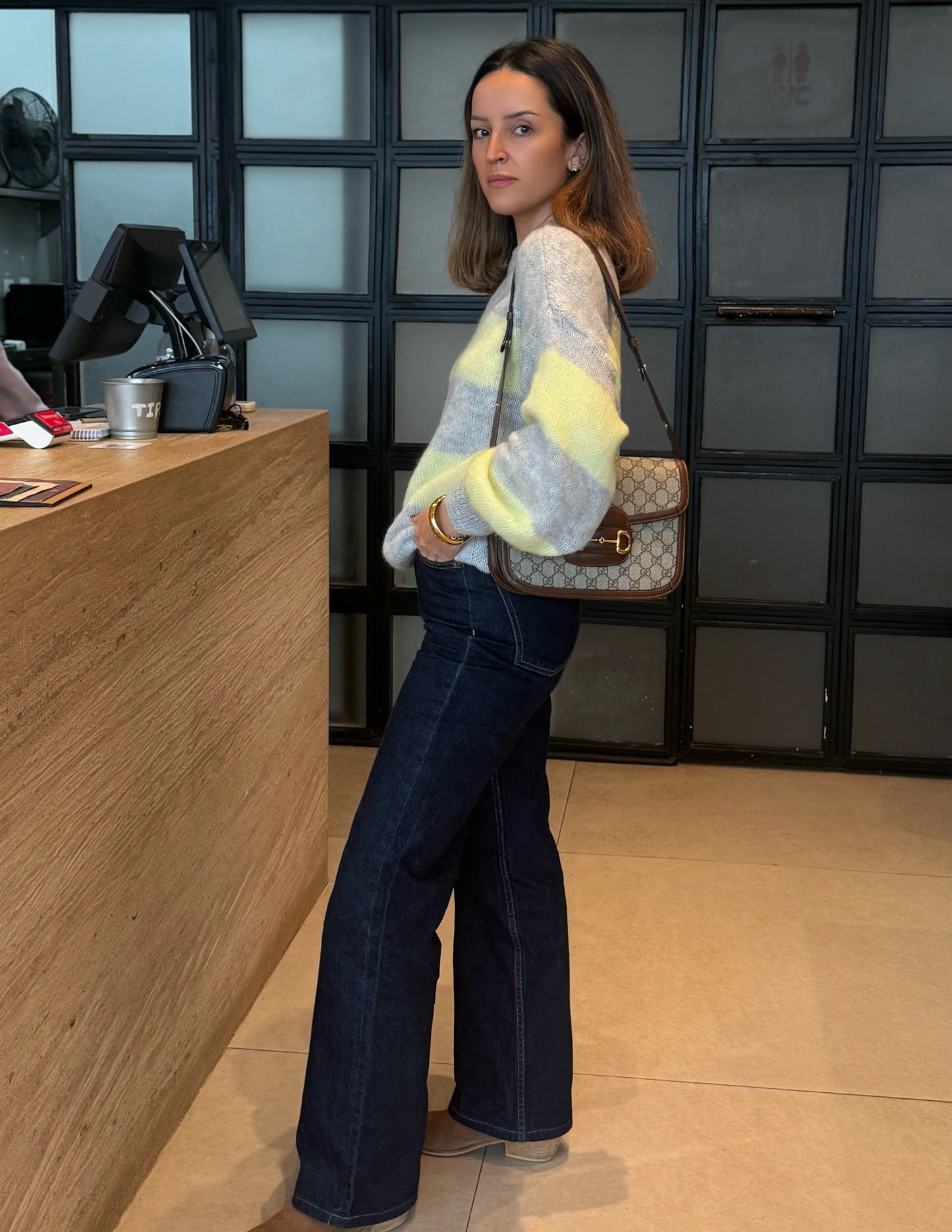 Soft knitted sweater in yellow and grey