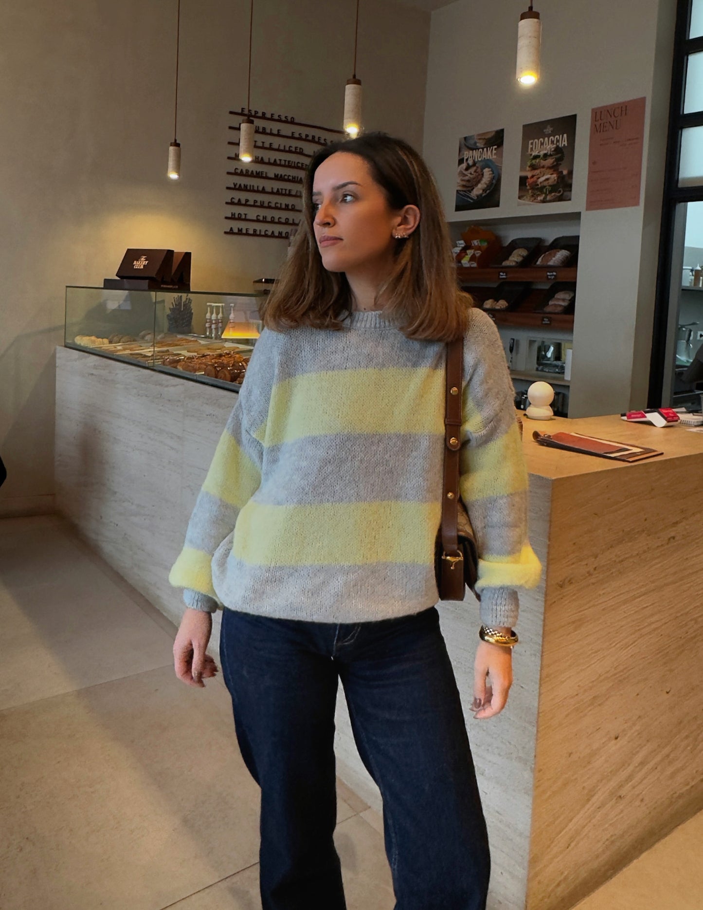 Soft knitted sweater in yellow and grey