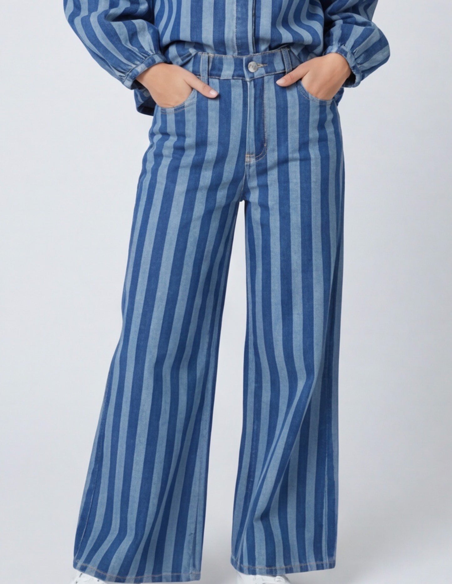 Striped blue denim trousers