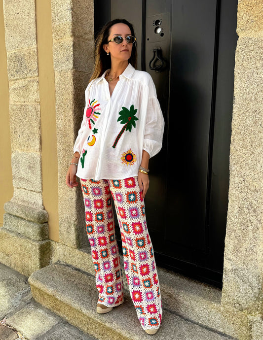 Calças crochet flores