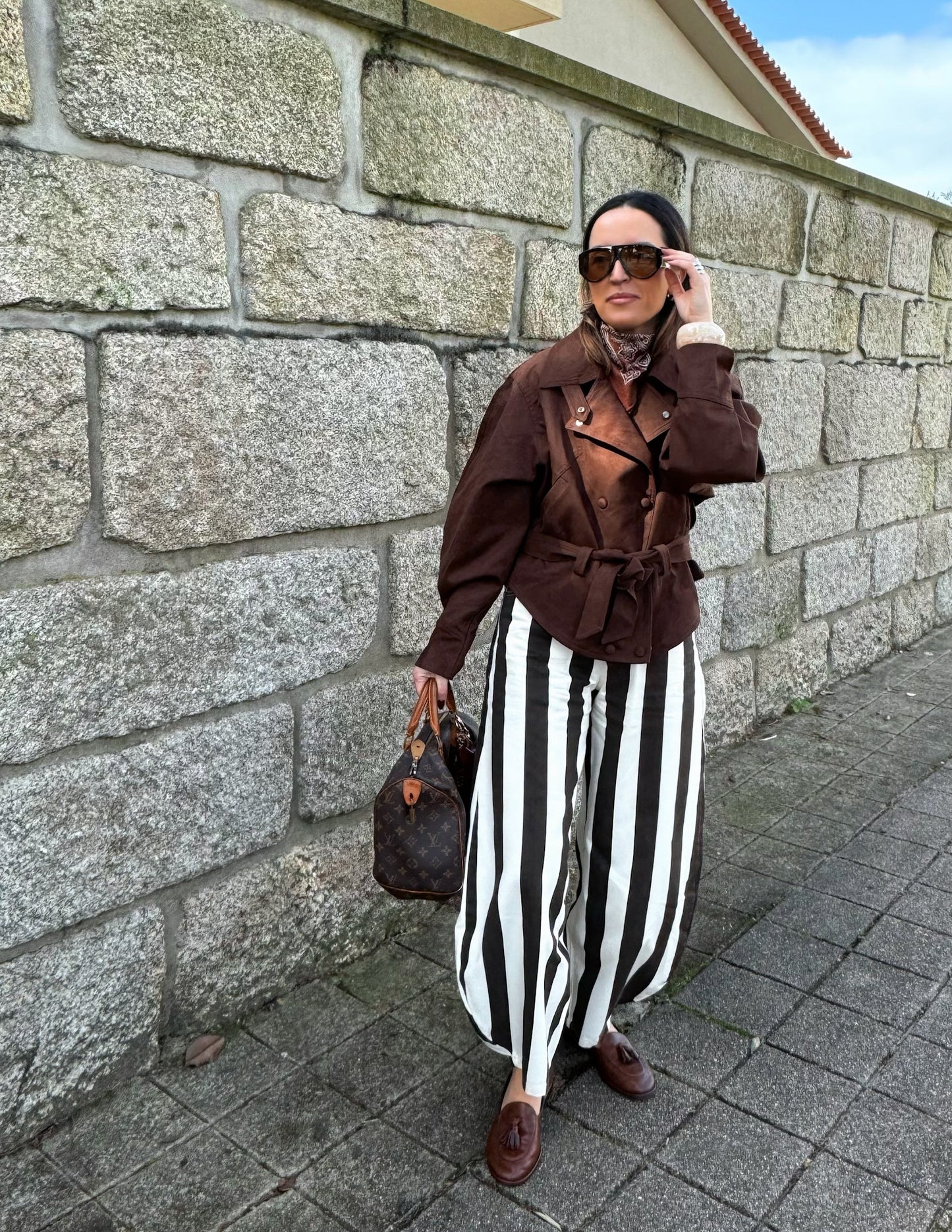 White and brown striped pants