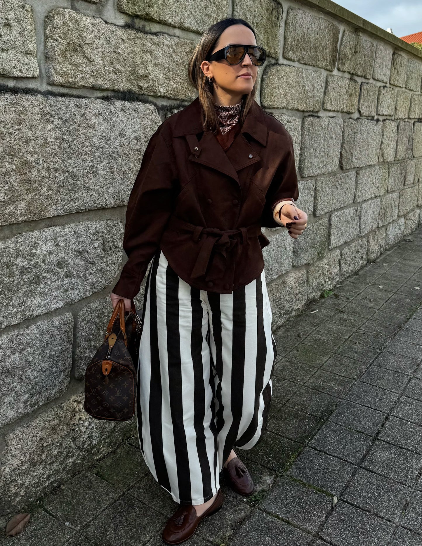 White and brown striped pants