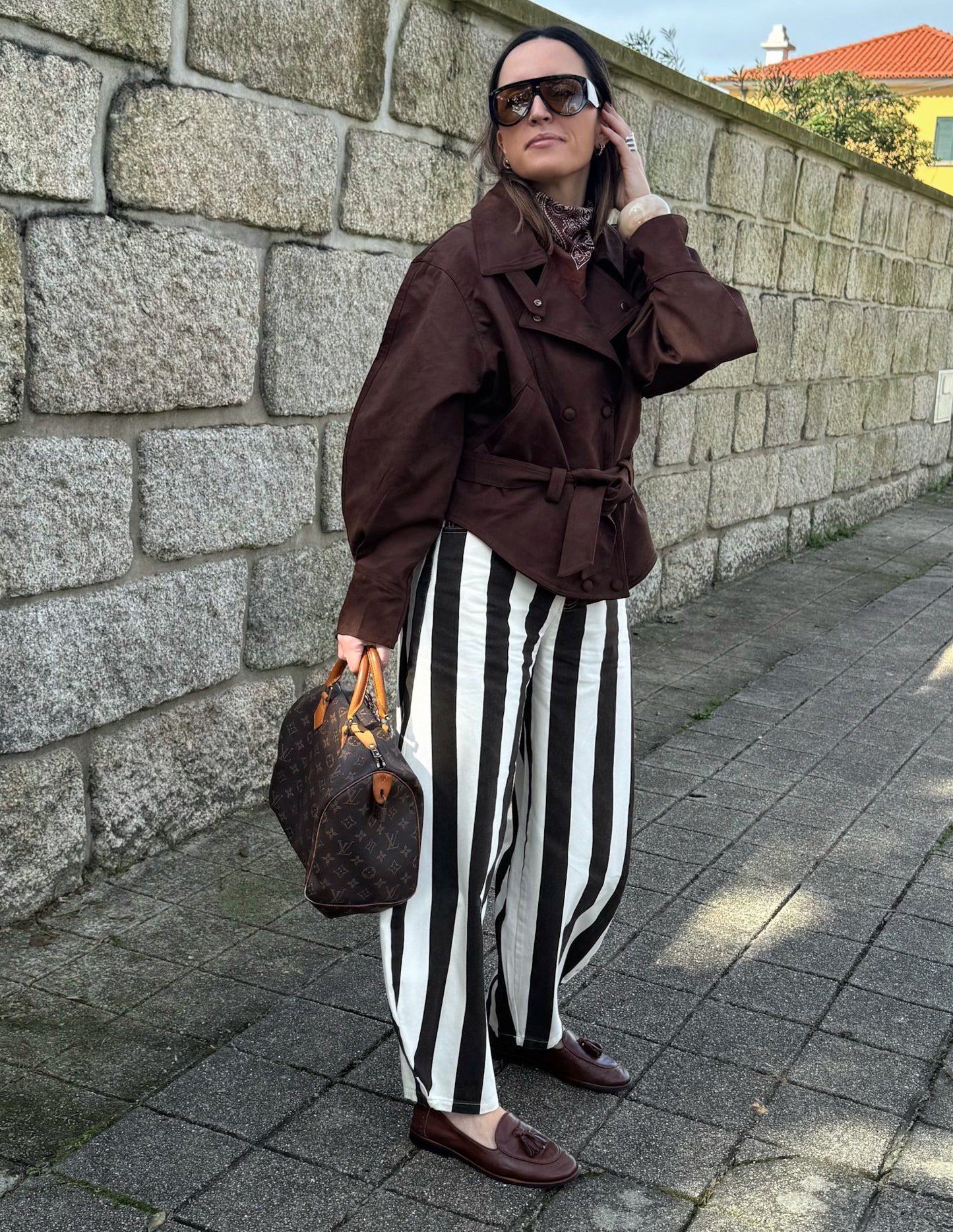 White and brown striped pants
