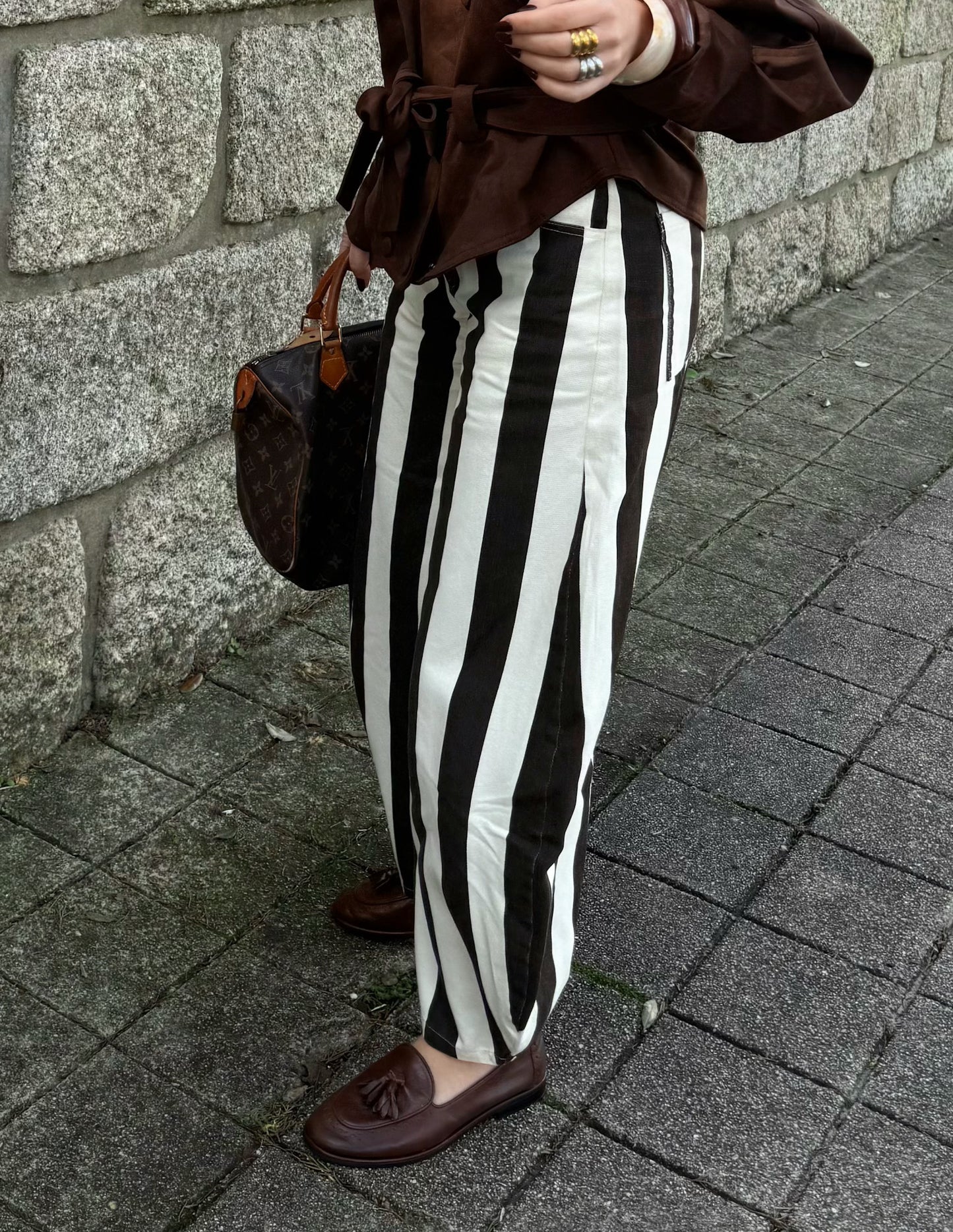 White and brown striped pants