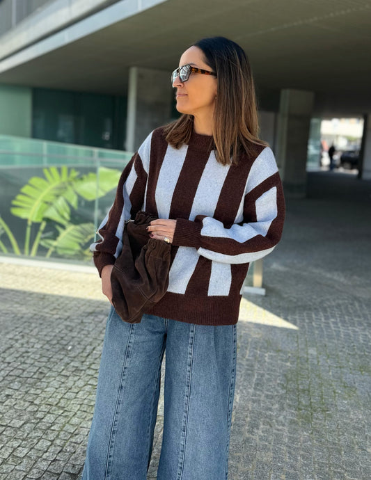 Chocolate and light blue knitted sweater