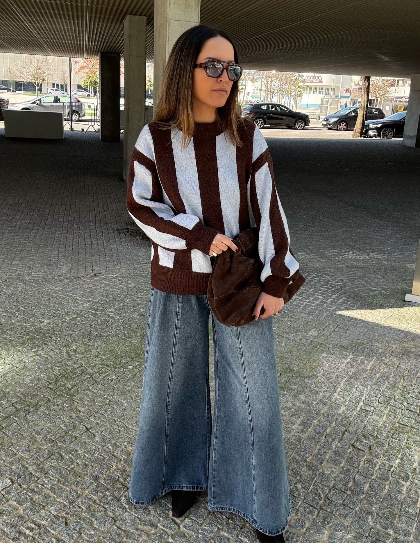 Chocolate and light blue knitted sweater