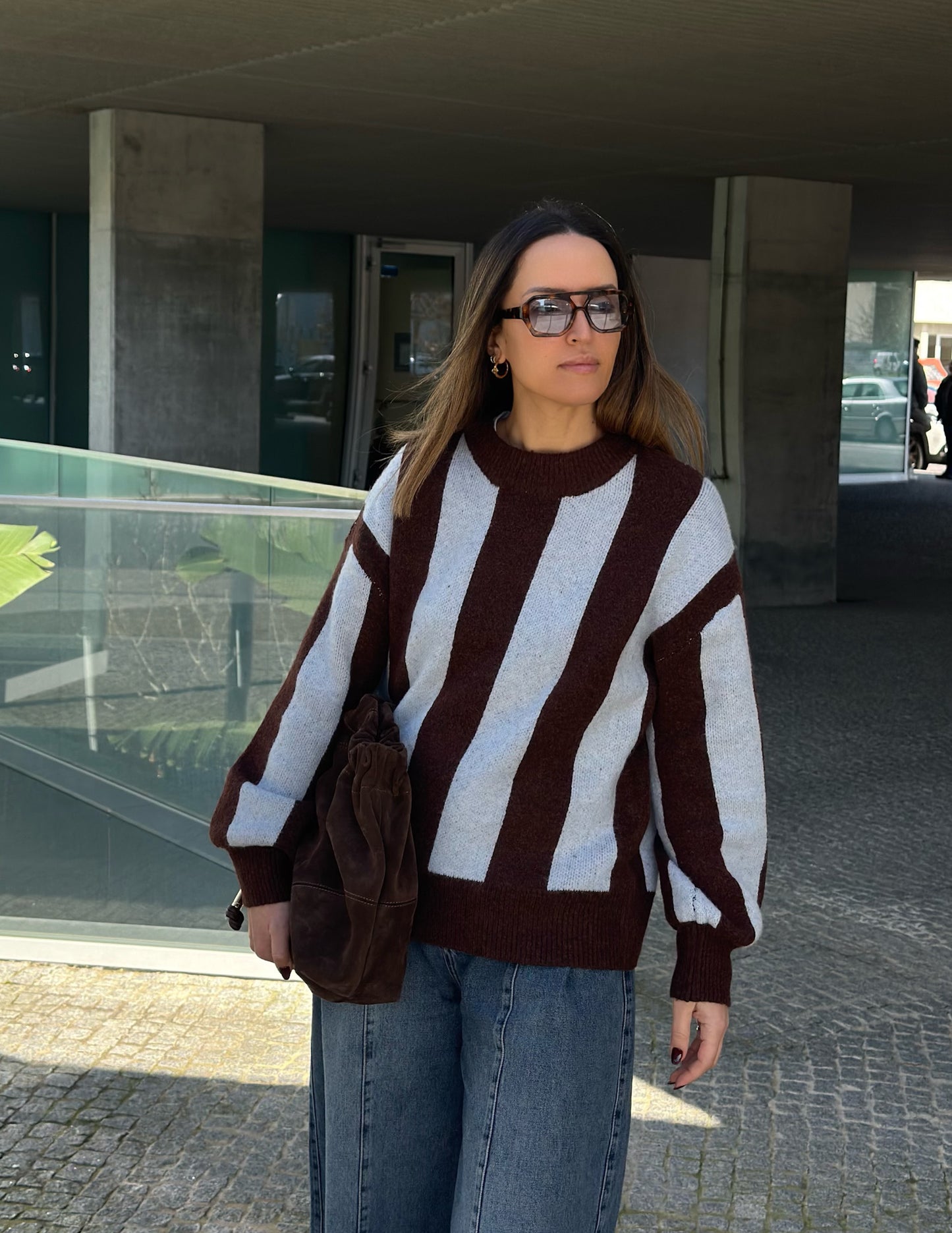 Chocolate and light blue knitted sweater