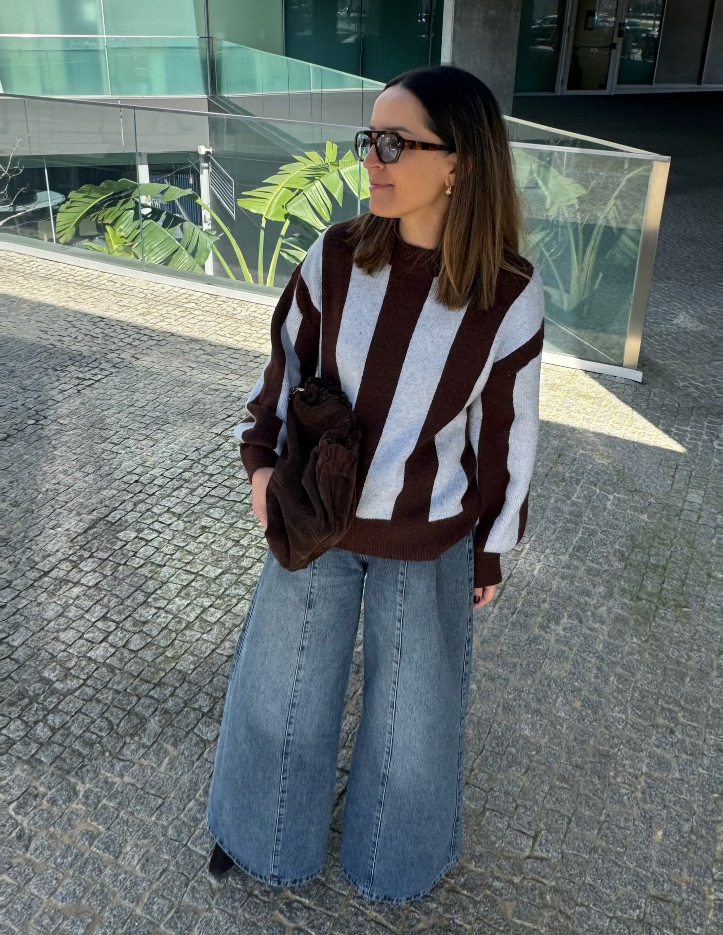 Chocolate and light blue knitted sweater