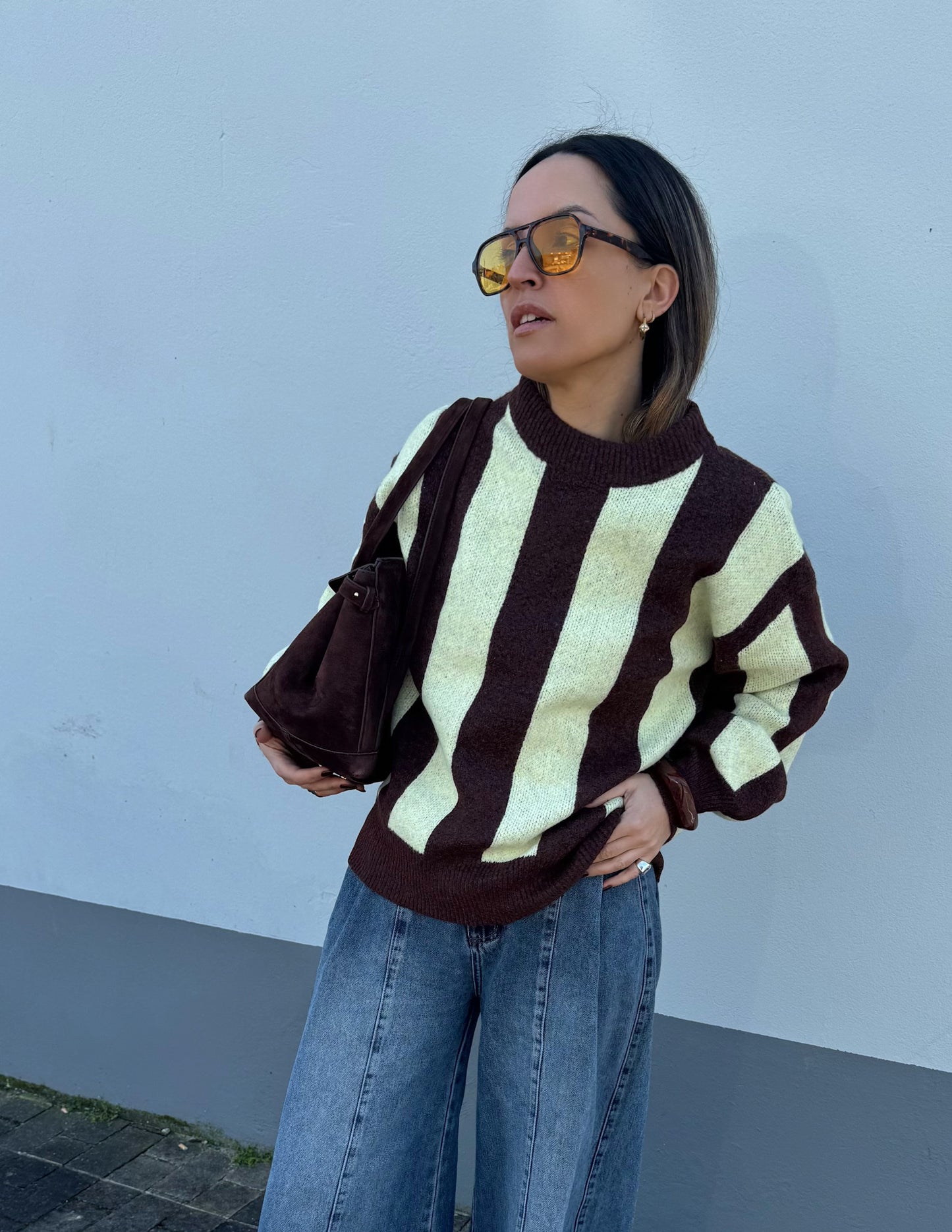 Chocolate and butter yellow knitted sweater