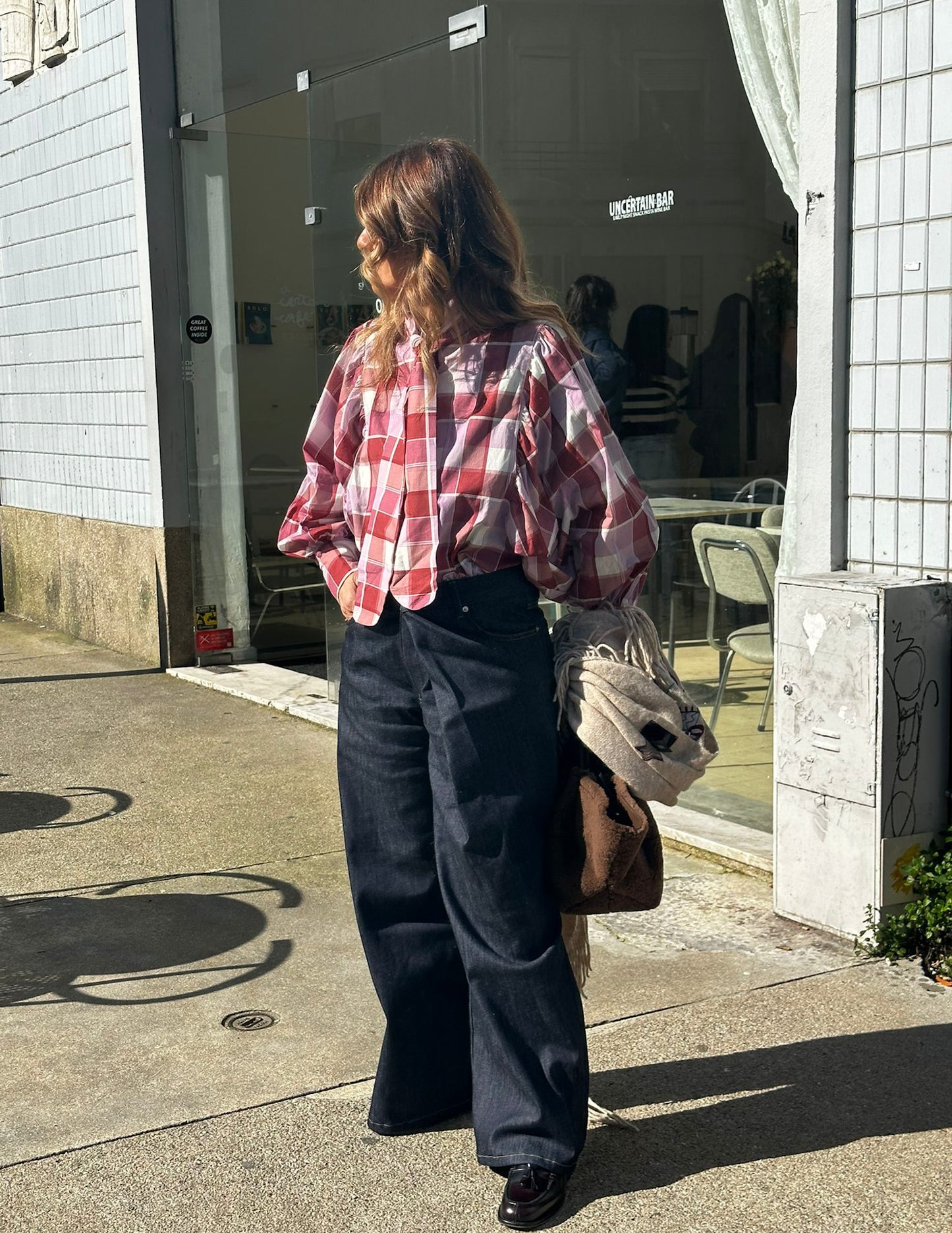 Plaid blouse with bow
