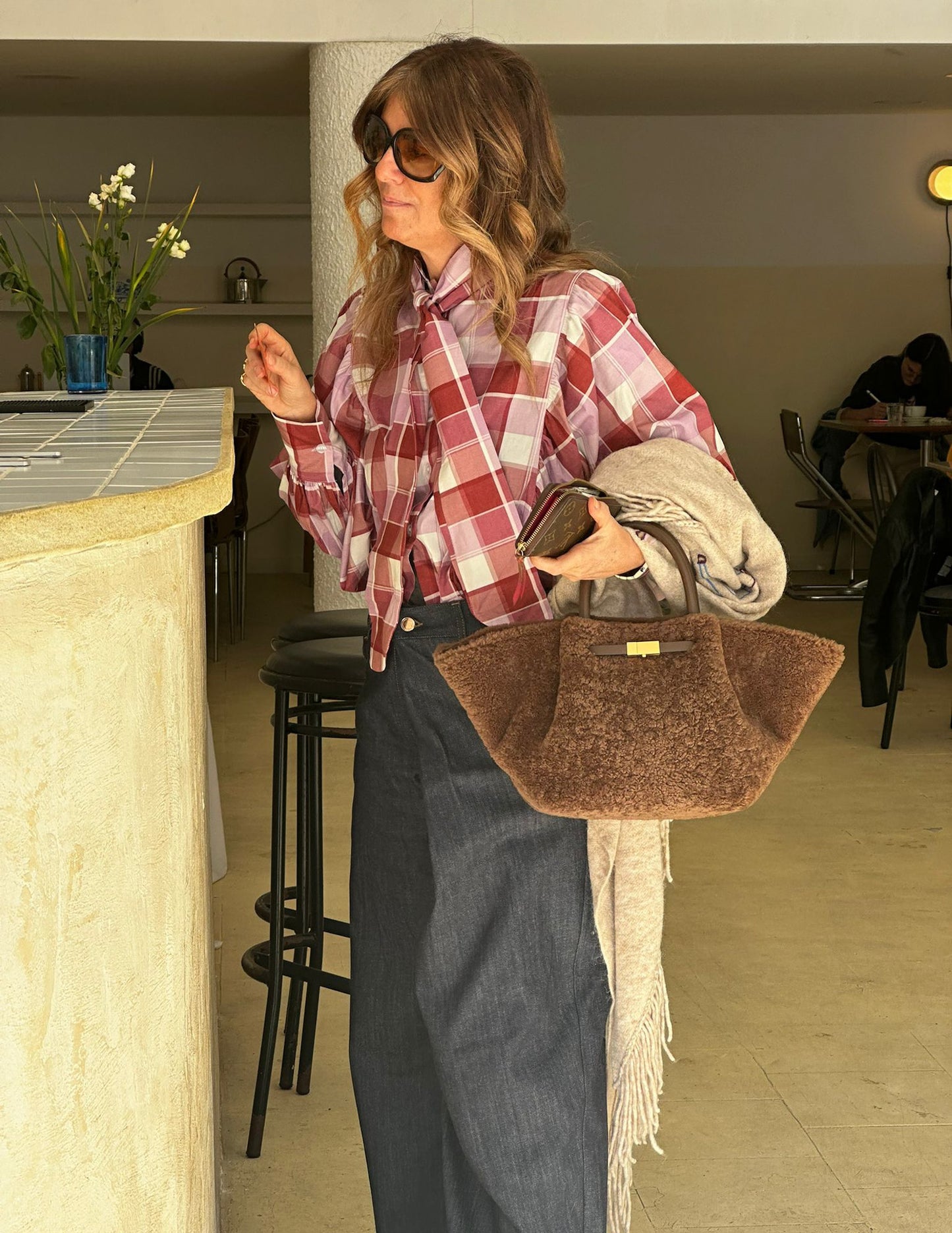 Plaid blouse with bow