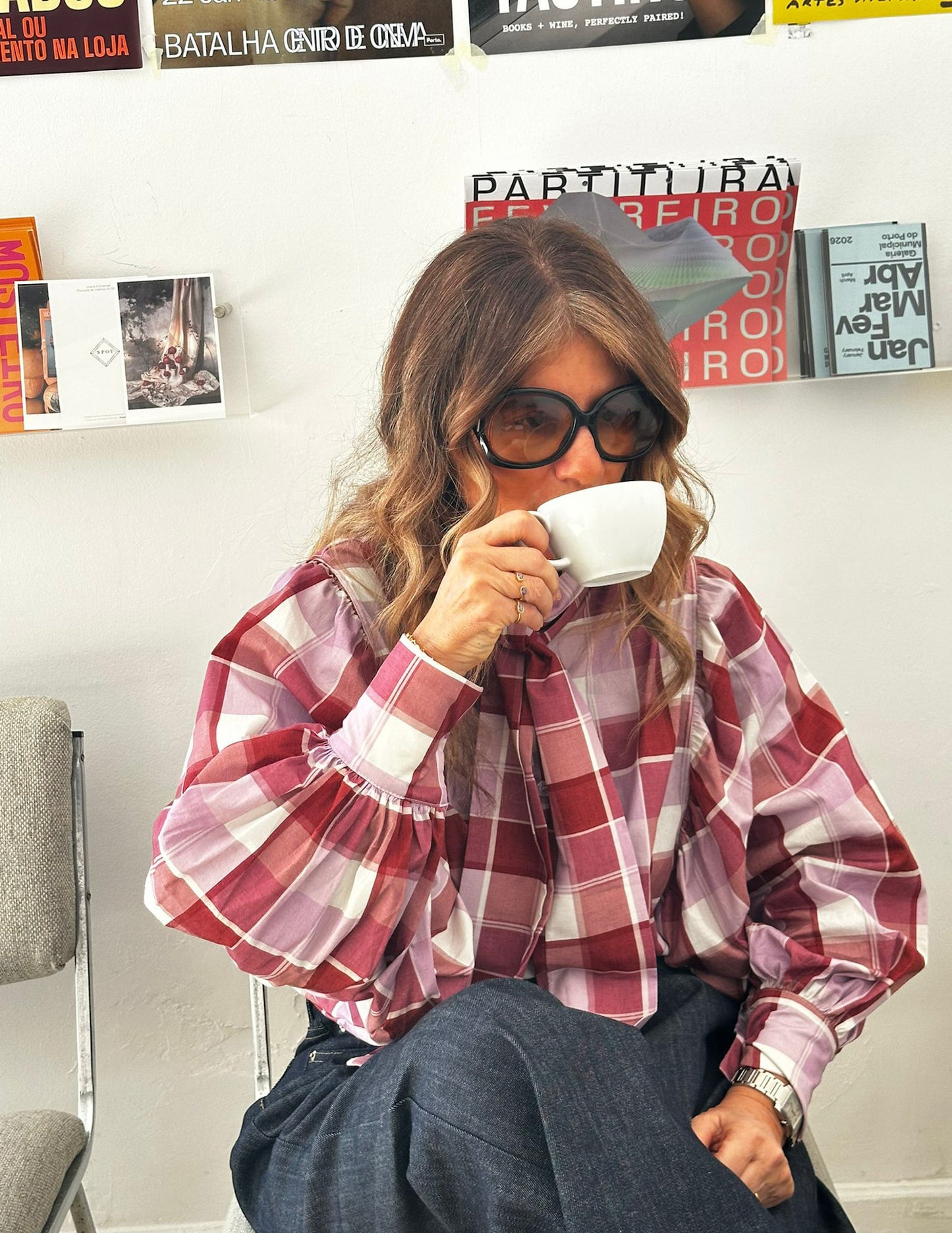 Plaid blouse with bow