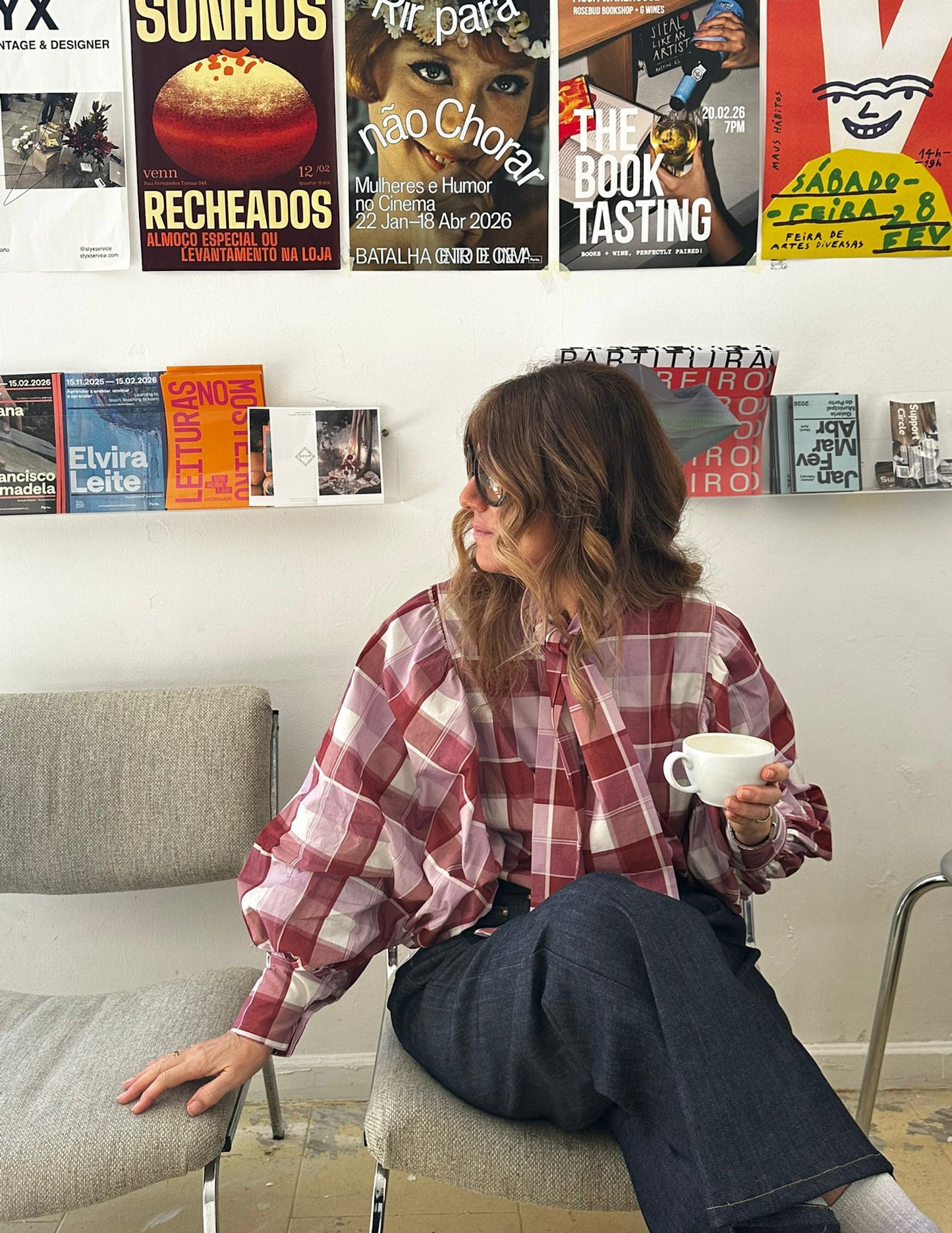 Plaid blouse with bow