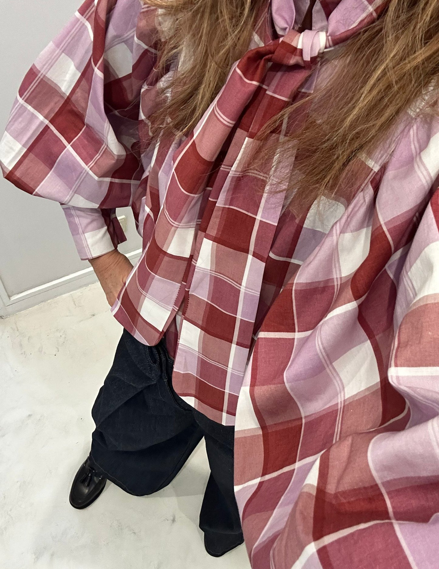 Plaid blouse with bow