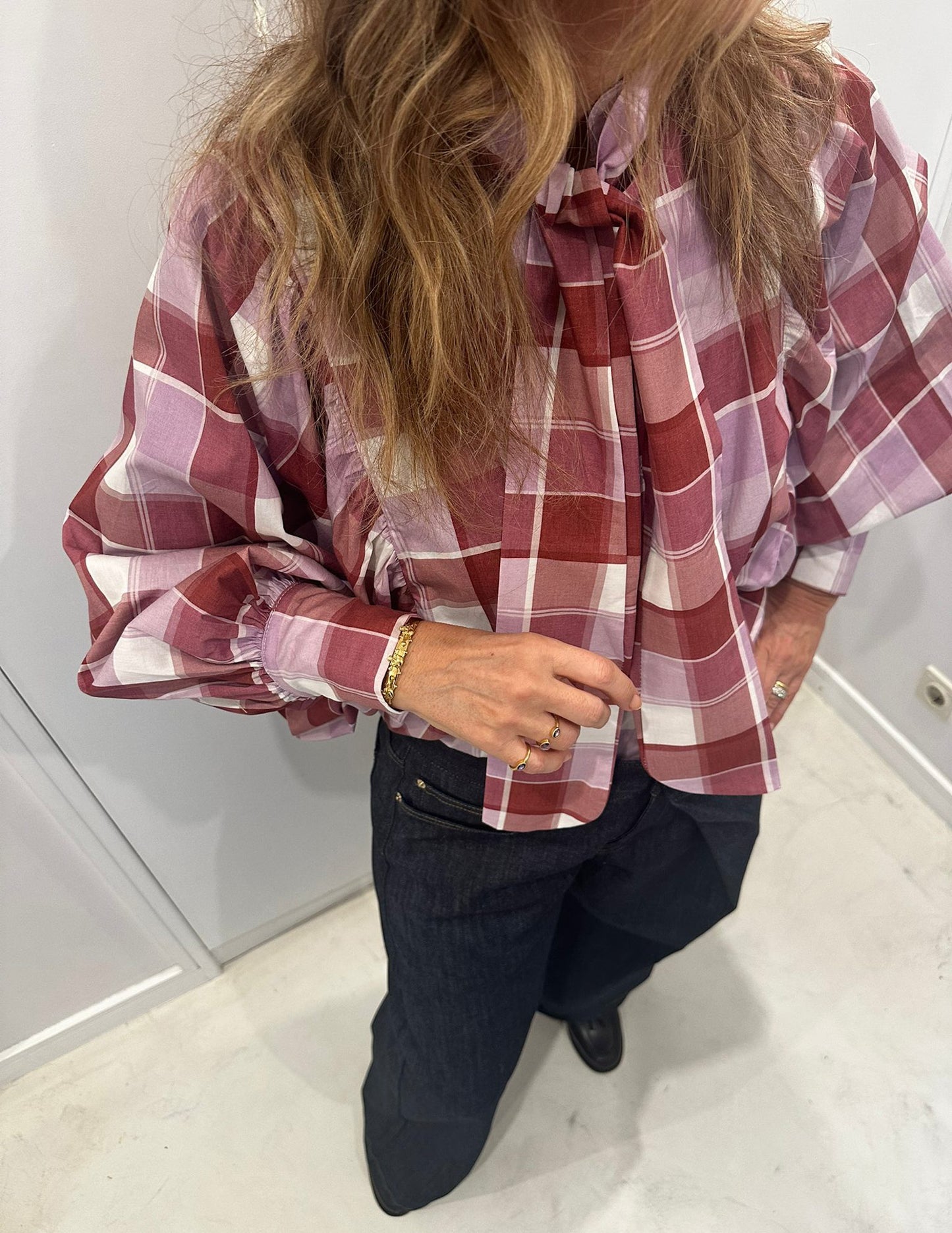 Plaid blouse with bow