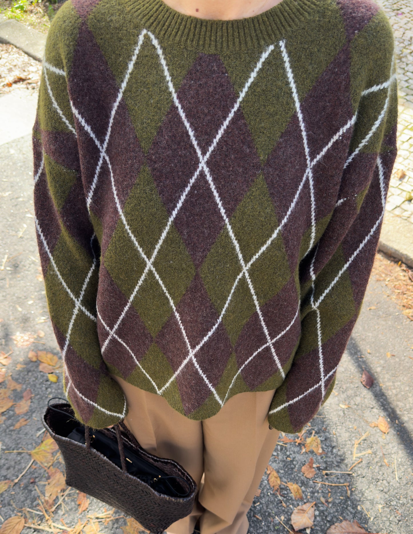 Green and brown diamond pattern sweater