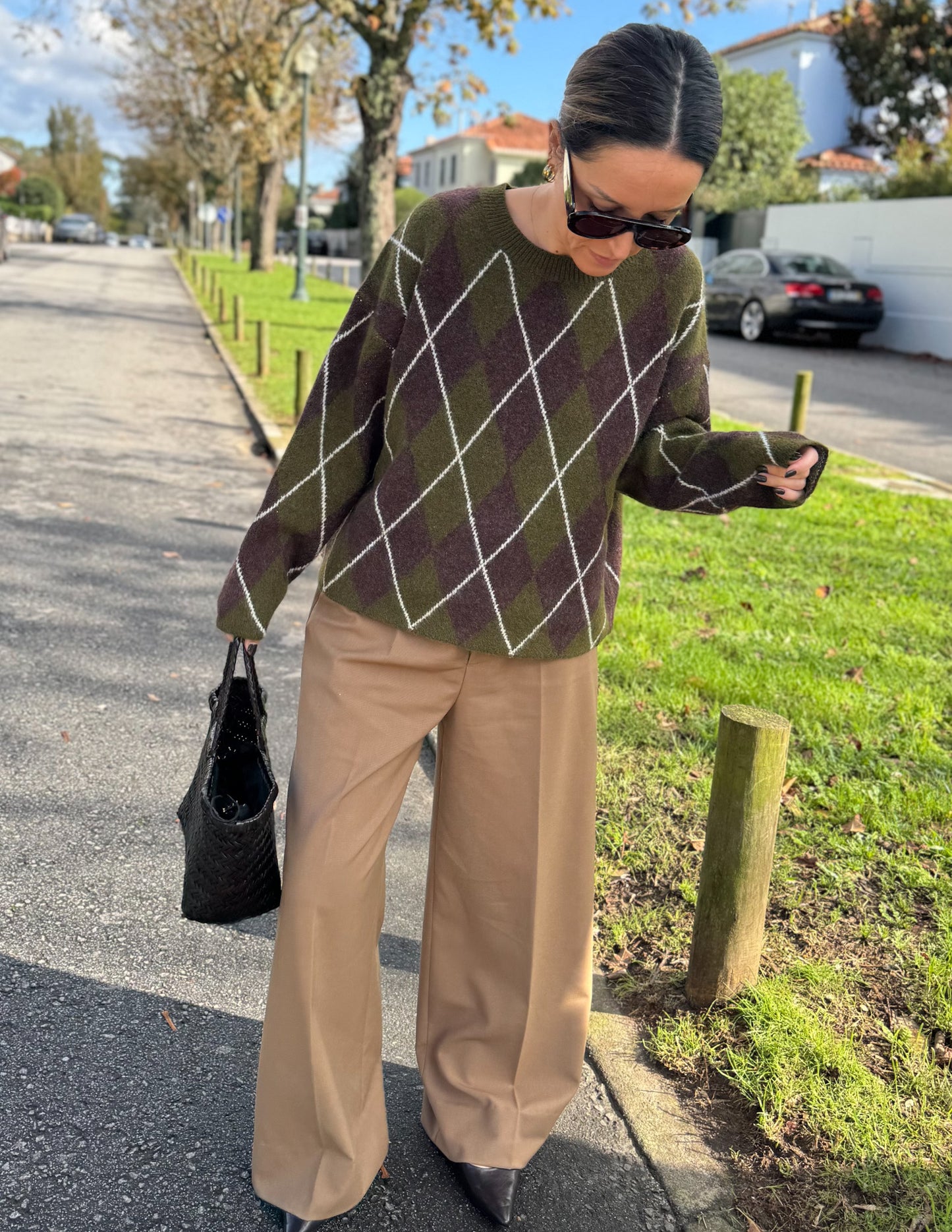 Green and brown diamond pattern sweater