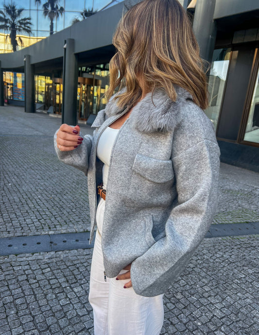 Grey jacket with fur collar JOY