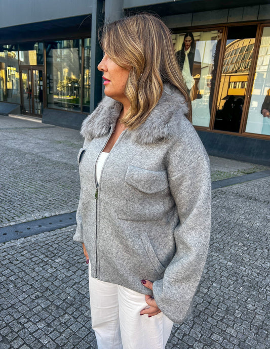 Grey jacket with fur collar JOY
