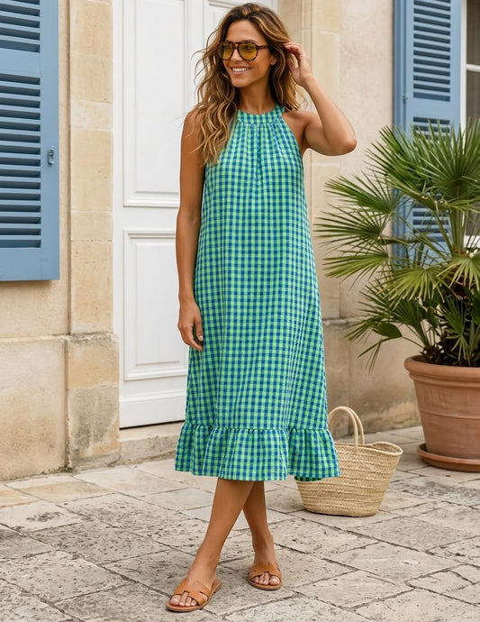 Vestido gola halter em vichy